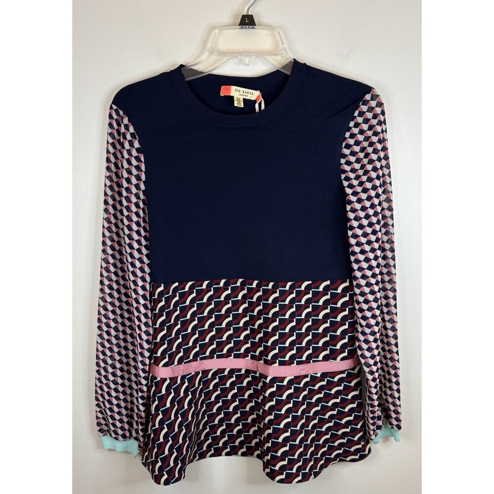 TED BAKER Color by Numbers Woven Mixed Media Print Top Women US 4 Navy Tunic